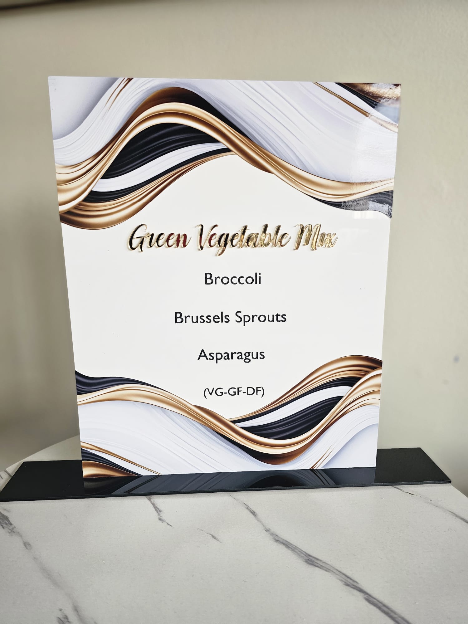 Acrylic Food Menu Sign – Black, White & Gold Wave Design